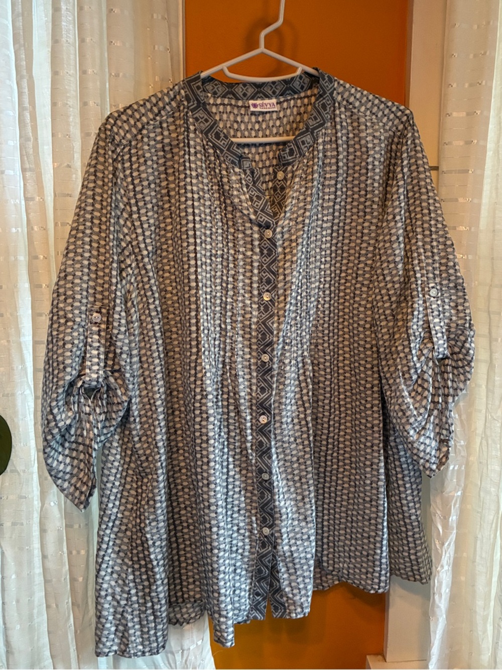 Vintage-inspired Blue Patterned Women's Button-Front Blouse